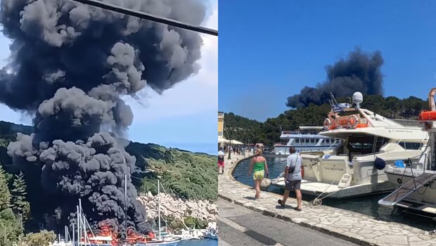 Στις φλόγες σκάφη στους παξούς - πυκνοί μαύροι καπνοί σκέπασαν το λιμάνι (βίντεο)